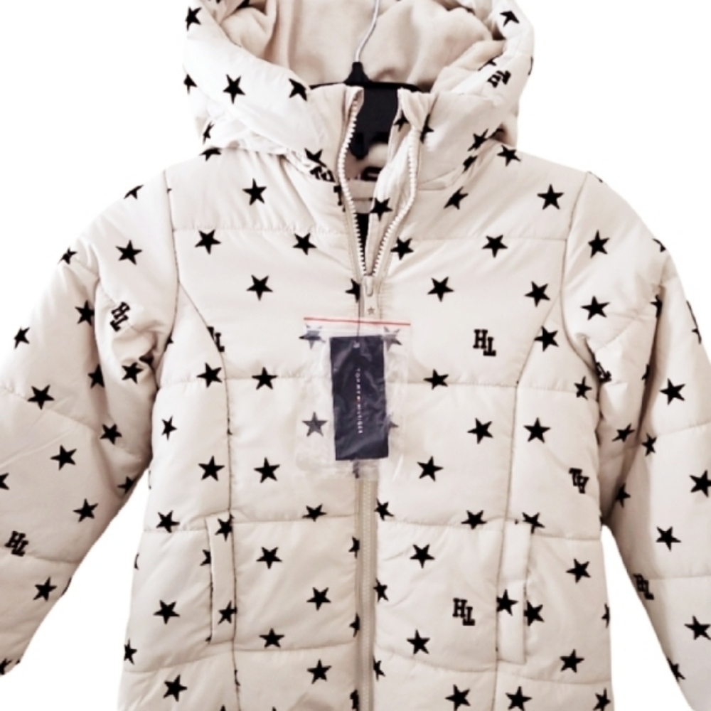 NEW! TOMMY HILFIGER Kid's Stars & Logo Print Hooded Puffer Jacket Coat 5.